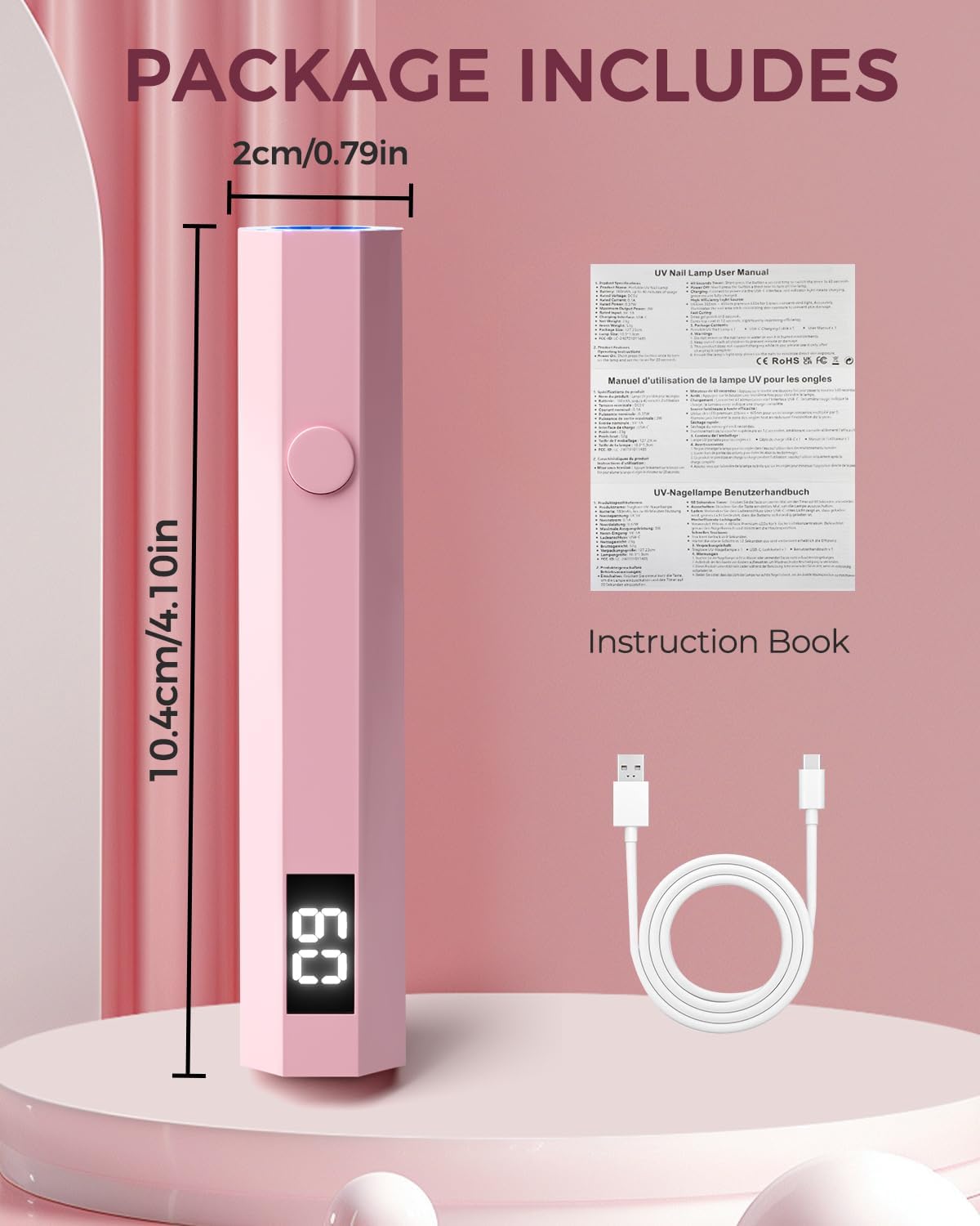 Luz UV para uñas, luz UV de mano para uñas, lámpara LED portátil de 3 W con 2 ajustes de temporizador, 20/60 segundos para esmalte de gel, hogar, salón de bricolaje para mujeres (rosa)