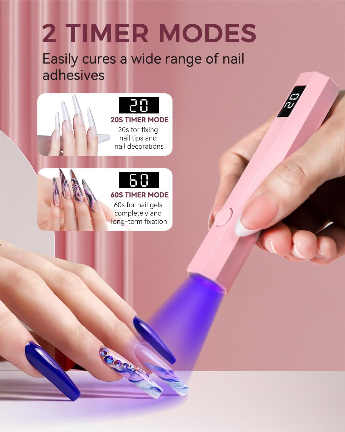 Luz UV para uñas, luz UV de mano para uñas, lámpara LED portátil de 3 W con 2 ajustes de temporizador, 20/60 segundos para esmalte de gel, hogar, salón de bricolaje para mujeres (rosa)