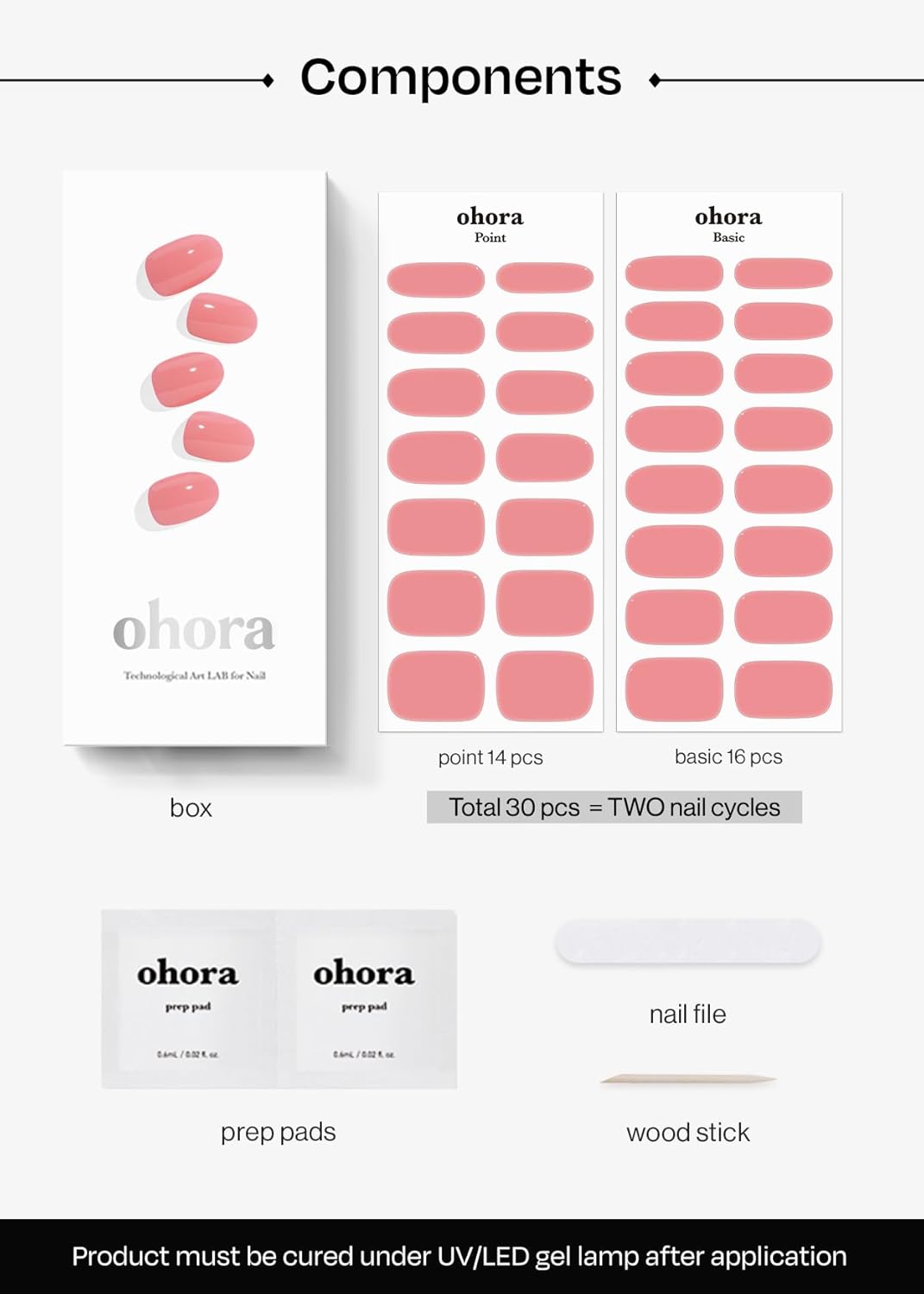ohora Semi Cured Gel Nail Strips (N Cream Glow) - Pink, Solid, Works with Any UV/LED Lamps, Salon-Quality, Long Lasting, Easy to Apply & Remove - Includes 2 Prep Pads, Nail File & Wooden Stick
