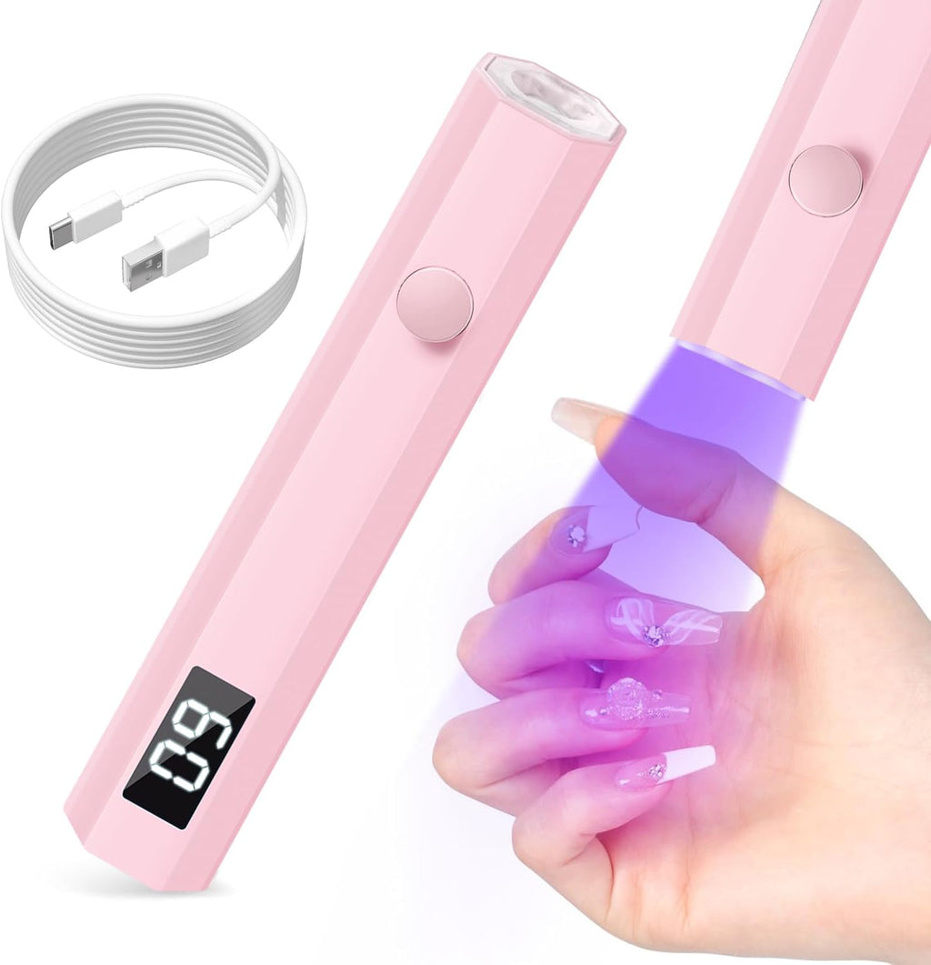 Luz UV para uñas, luz UV de mano para uñas, lámpara LED portátil de 3 W con 2 ajustes de temporizador, 20/60 segundos para esmalte de gel, hogar, salón de bricolaje para mujeres (rosa)
