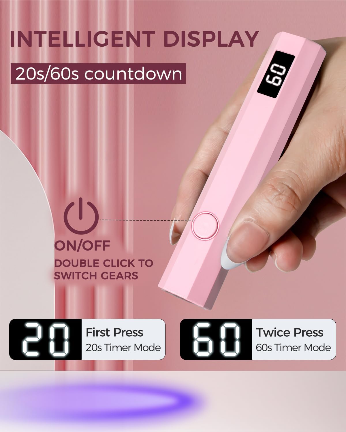 Luz UV para uñas, luz UV de mano para uñas, lámpara LED portátil de 3 W con 2 ajustes de temporizador, 20/60 segundos para esmalte de gel, hogar, salón de bricolaje para mujeres (rosa)