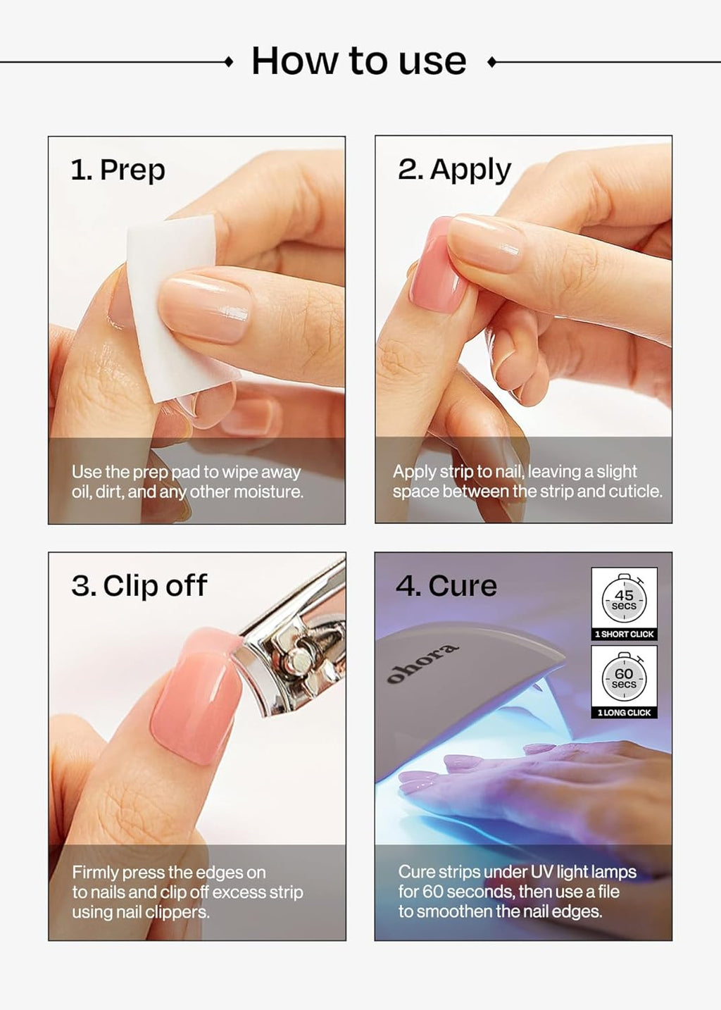 ohora Semi Cured Gel Nail Strips (N Cream Glow) - Pink, Solid, Works with Any UV/LED Lamps, Salon-Quality, Long Lasting, Easy to Apply & Remove - Includes 2 Prep Pads, Nail File & Wooden Stick