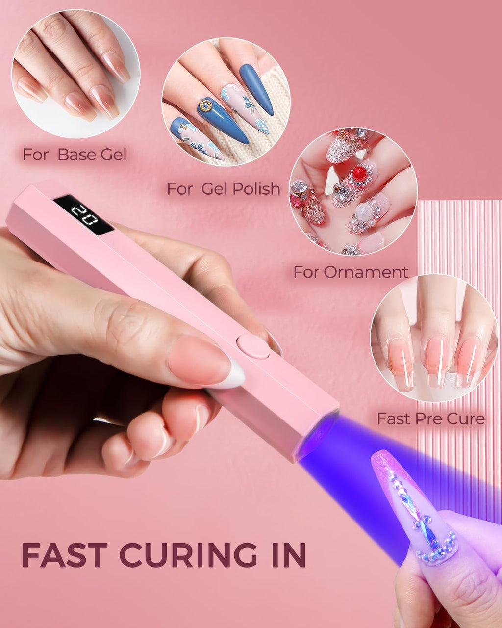 Luz UV para uñas, luz UV de mano para uñas, lámpara LED portátil de 3 W con 2 ajustes de temporizador, 20/60 segundos para esmalte de gel, hogar, salón de bricolaje para mujeres (rosa)