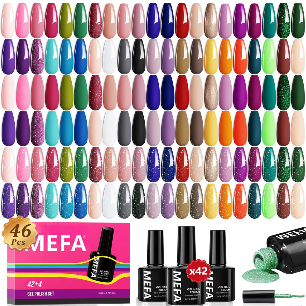 MEFA 42 Colors Gel Nail Polish Kit with U V Light, 59 Pcs All Seasons Collection Colorful Gel Polish Essential Set with 5 Psc Matte/Glossy Base Top Coat, Salon Gifts for Women